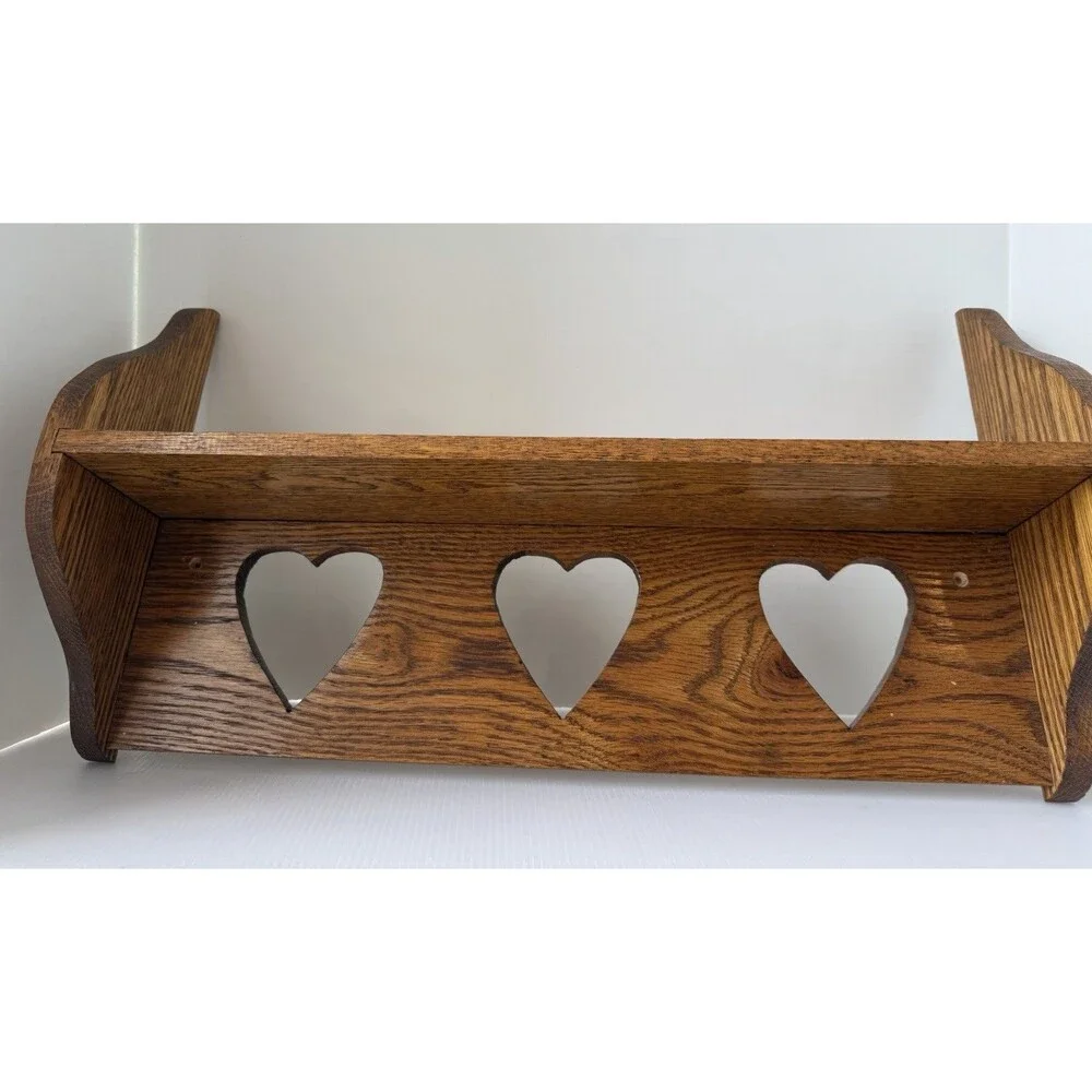 VTG Wood Wall Shelf Heart Cut Out Trinket Display 21” Handmade Cottage Farmhouse